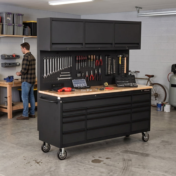 Overhead Pro 72" Rolling Tool Chest | 79" Tall | 25" Deep | 14 Drawers | Overheads | Pegboard & Power Strip
