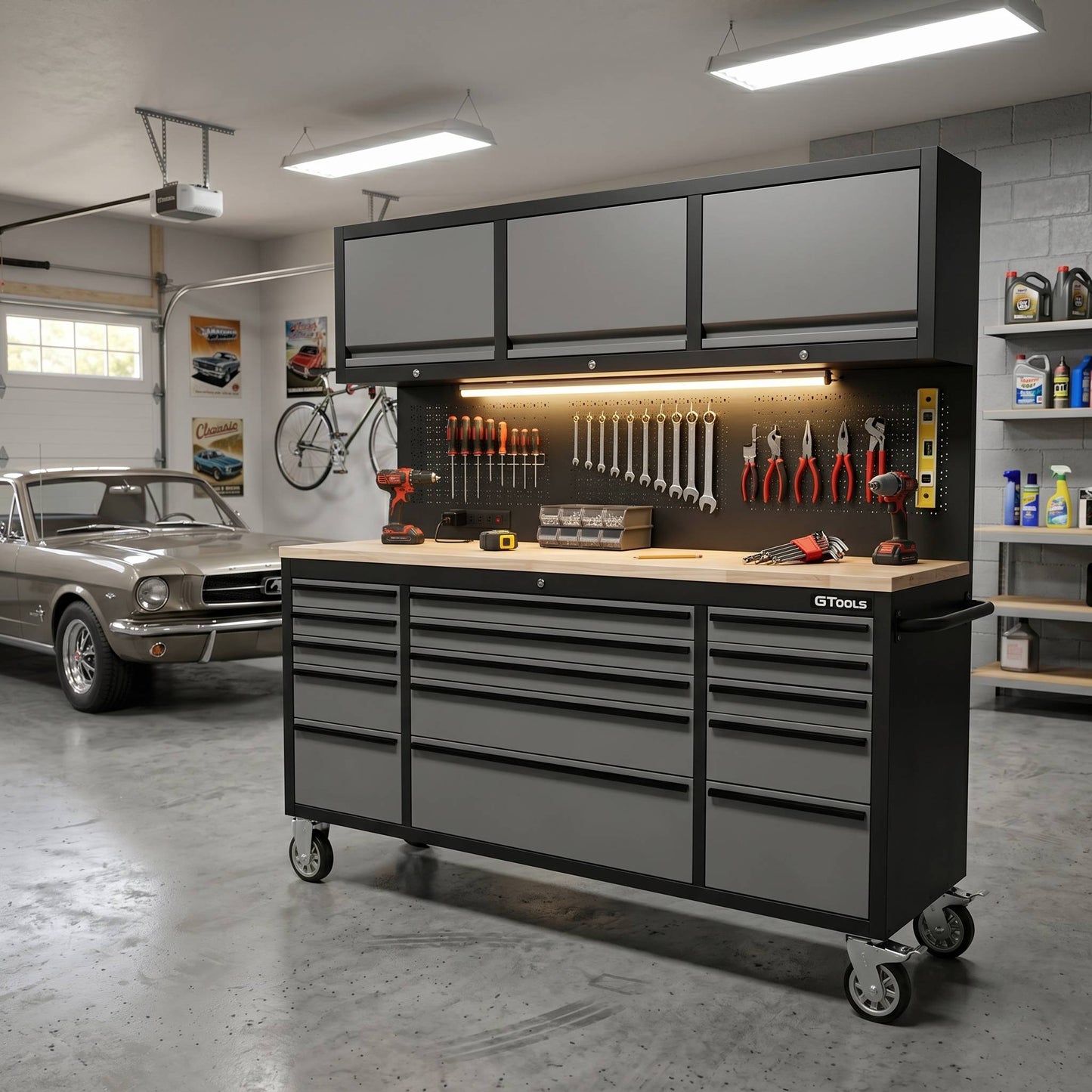 72 inch Rolling Tool Chest with Light & Power Strips, Workbench, Upper Cabinets & Pegboard