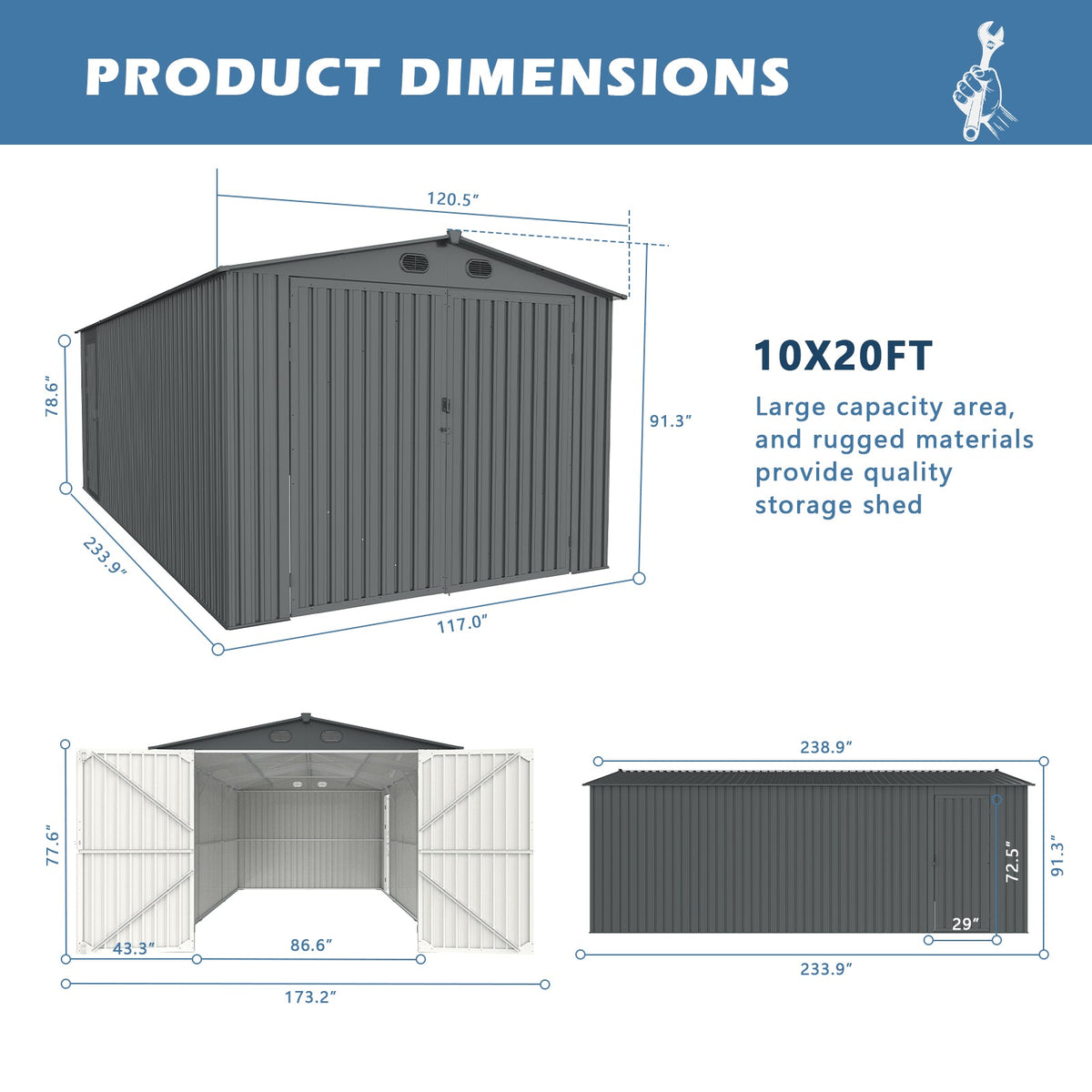 10'x20' Metal Shed with Double Front Doors & Side Entry Door