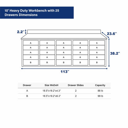 10 ft Heavy Duty Workbench with 25 Drawers