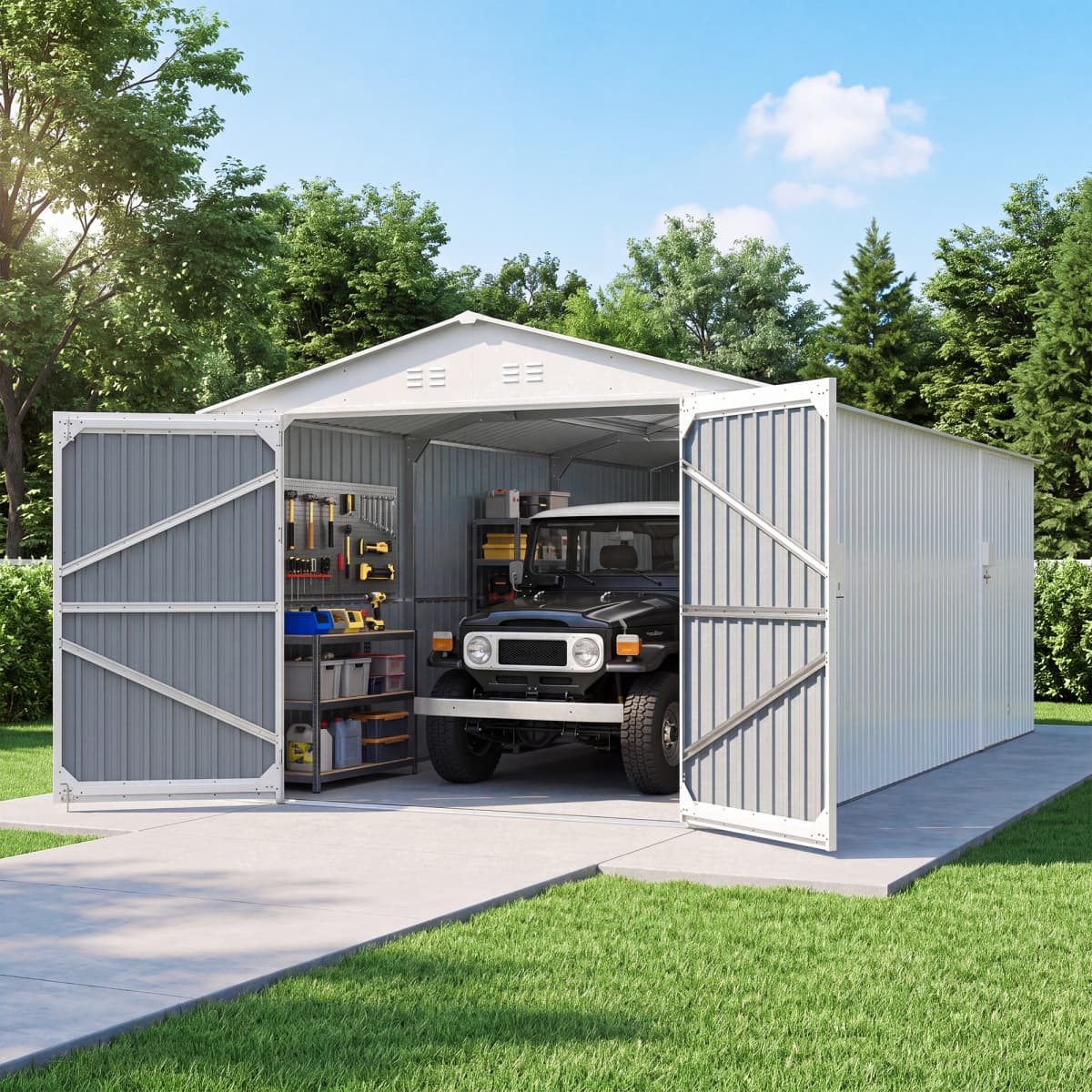 10'x20' Plus Upgraded Metal Shed with Double Front Doors & Side Entry Door