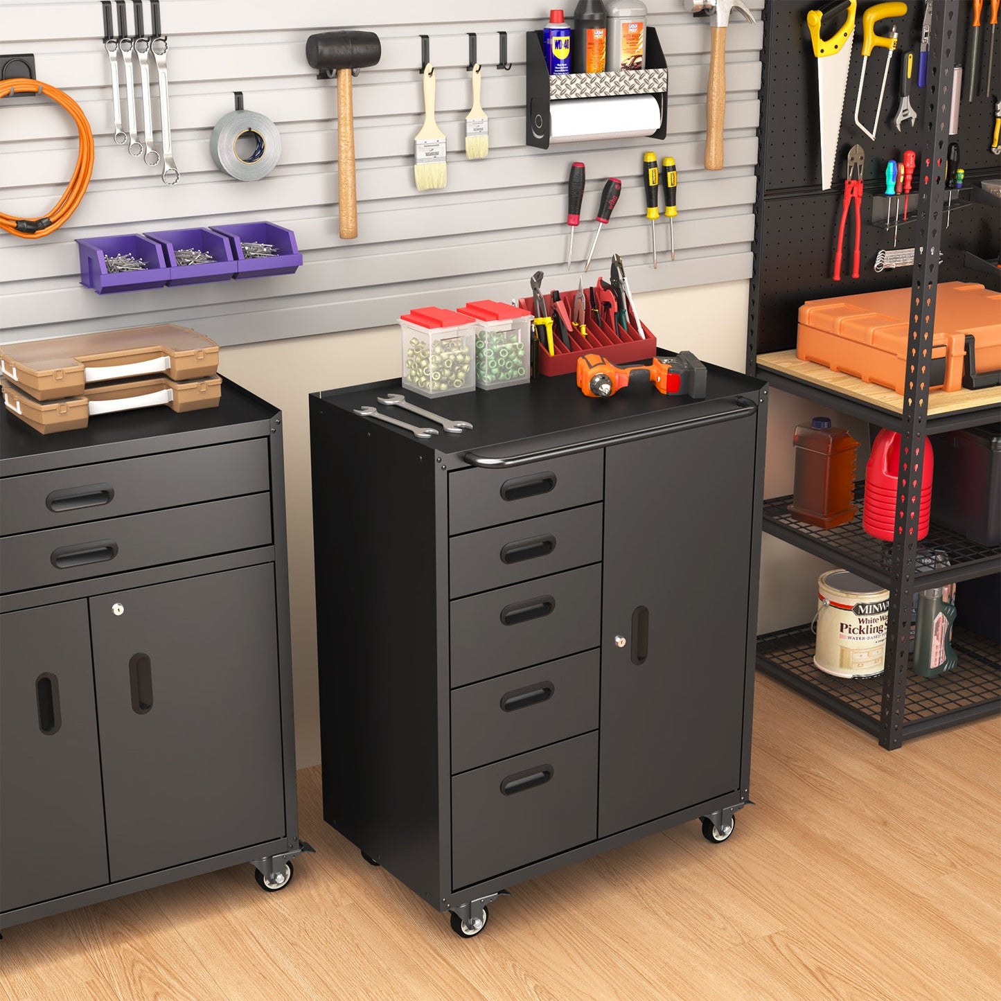Metal Tool Garage Storage Cabinet with 5 Drawers and 1 Door