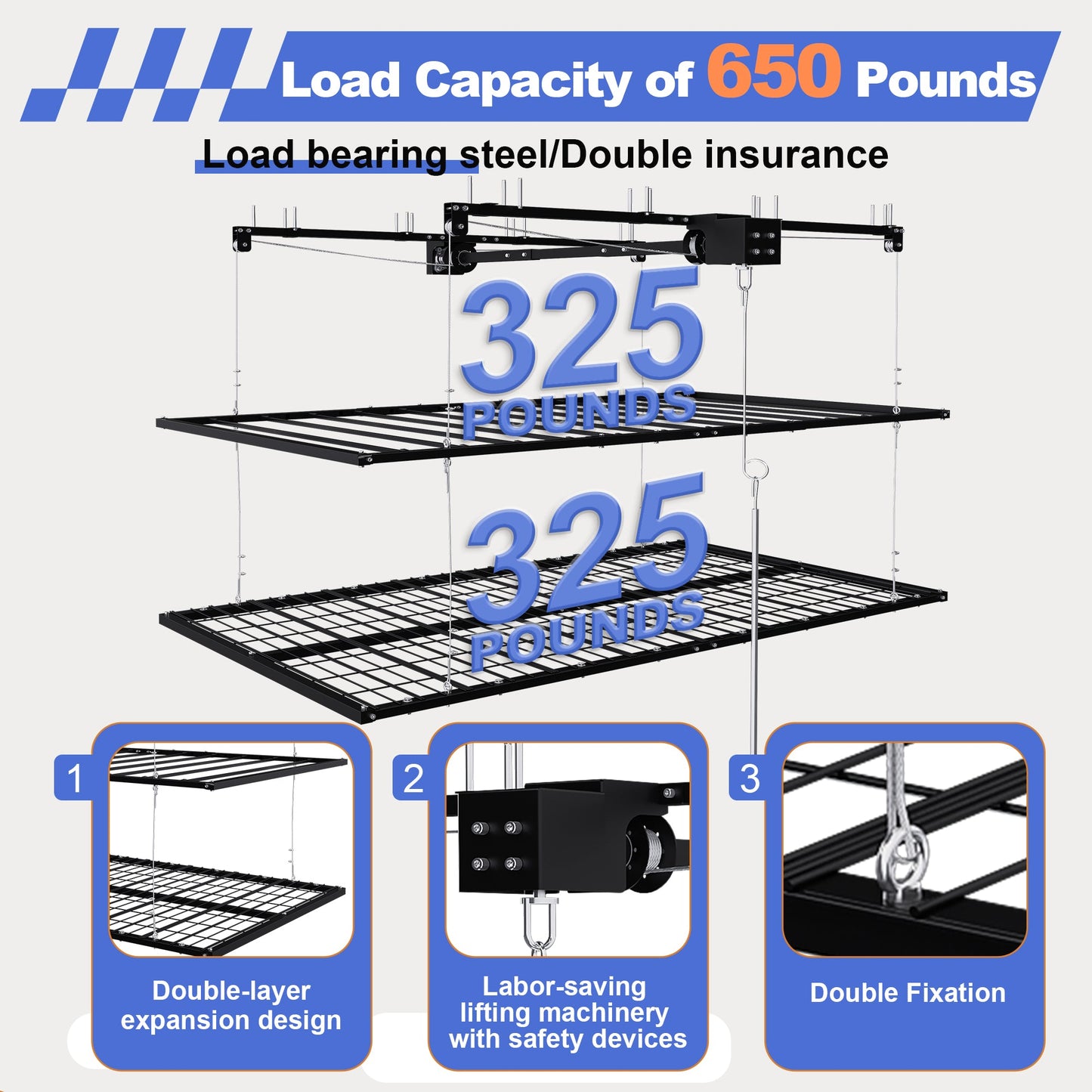 Overhead Double-Layer Garage Storage Rack 4x8 FT