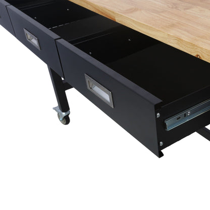 Work Bench, Workbench With Drawer Storage, Heavy Duty Bamboo Wood Work Table With Wheels For Garage Home Office