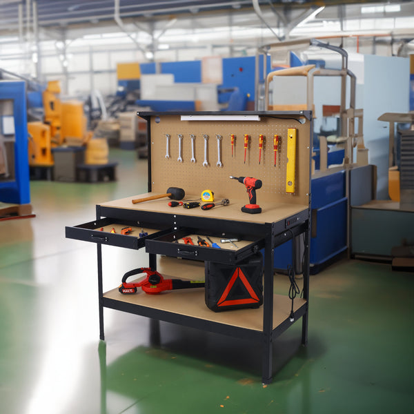 Steel Workbench Tool Storage Work Bench Workshop Tools Table W/Drawer and Peg Board ,4xAC outlets 2xUSB Ports