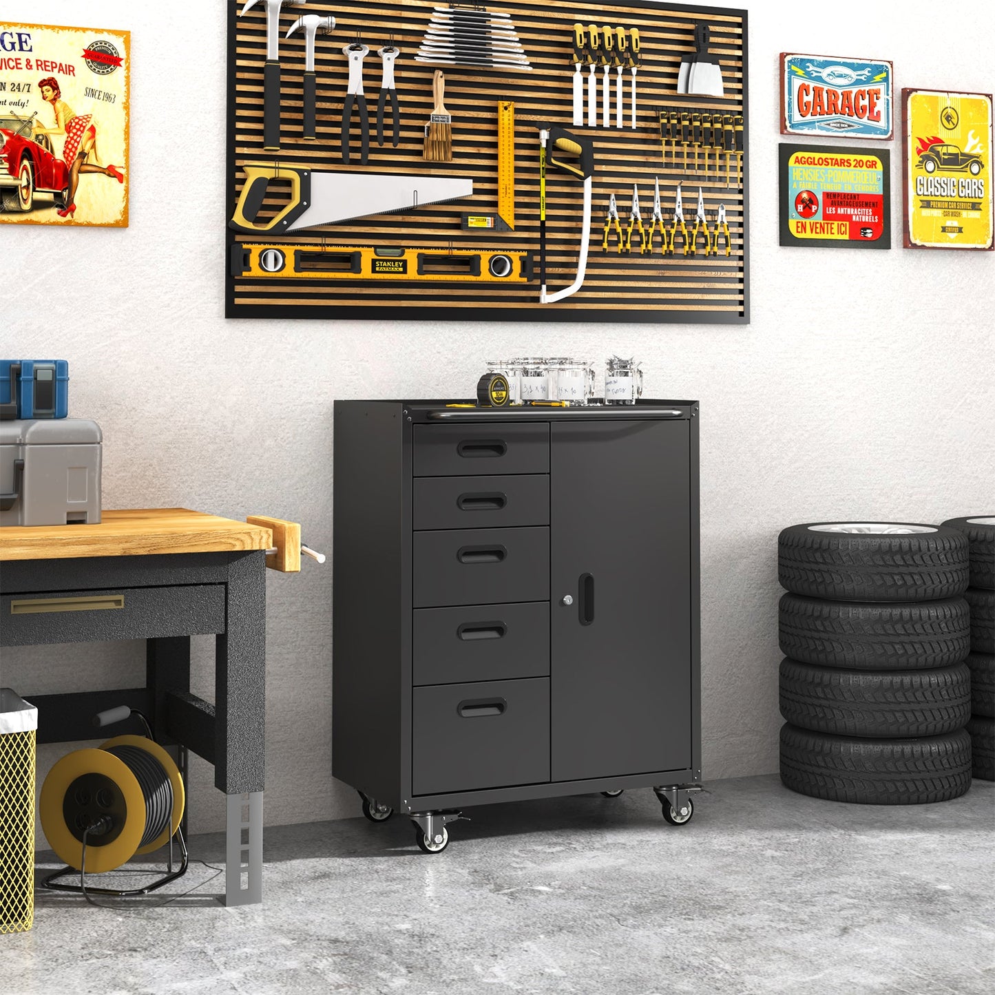 Metal Tool Garage Storage Cabinet with 5 Drawers and 1 Door