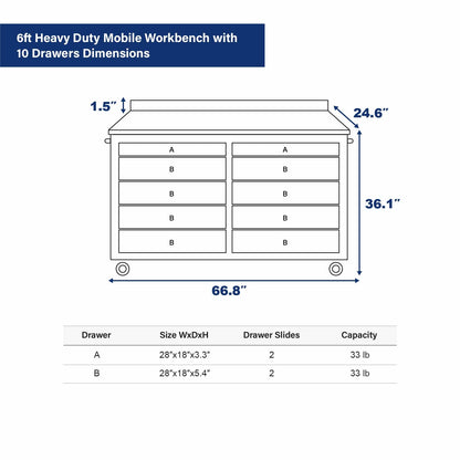 6ft Heavy Duty Mobile Workbench with 10 Drawers