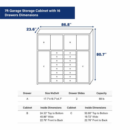7ft Garage Storage Cabinet with 16 Drawers