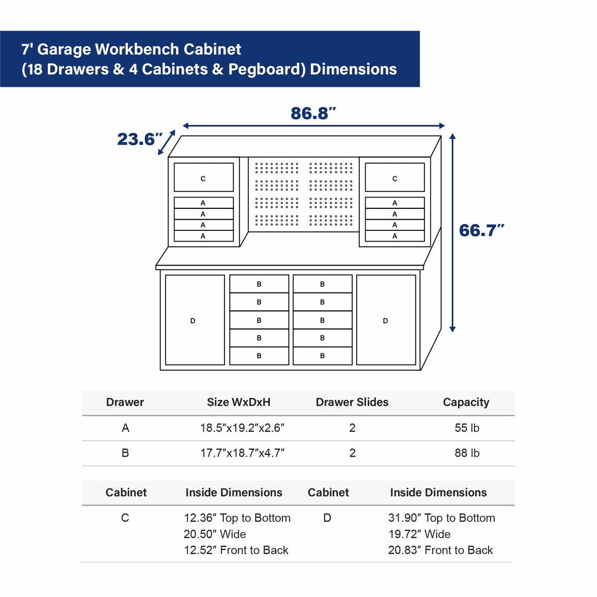7 ft Garage Workbench Cabinet (18 Drawers & 4 Cabinets & Pegboard)