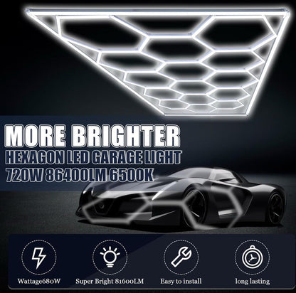 Open Box Baquler 15 Hexagon LED Garage Light System Honeycomb LED Shop Lights with White Border for Garage Workshop Car Detailing Shop Exhibition Hall