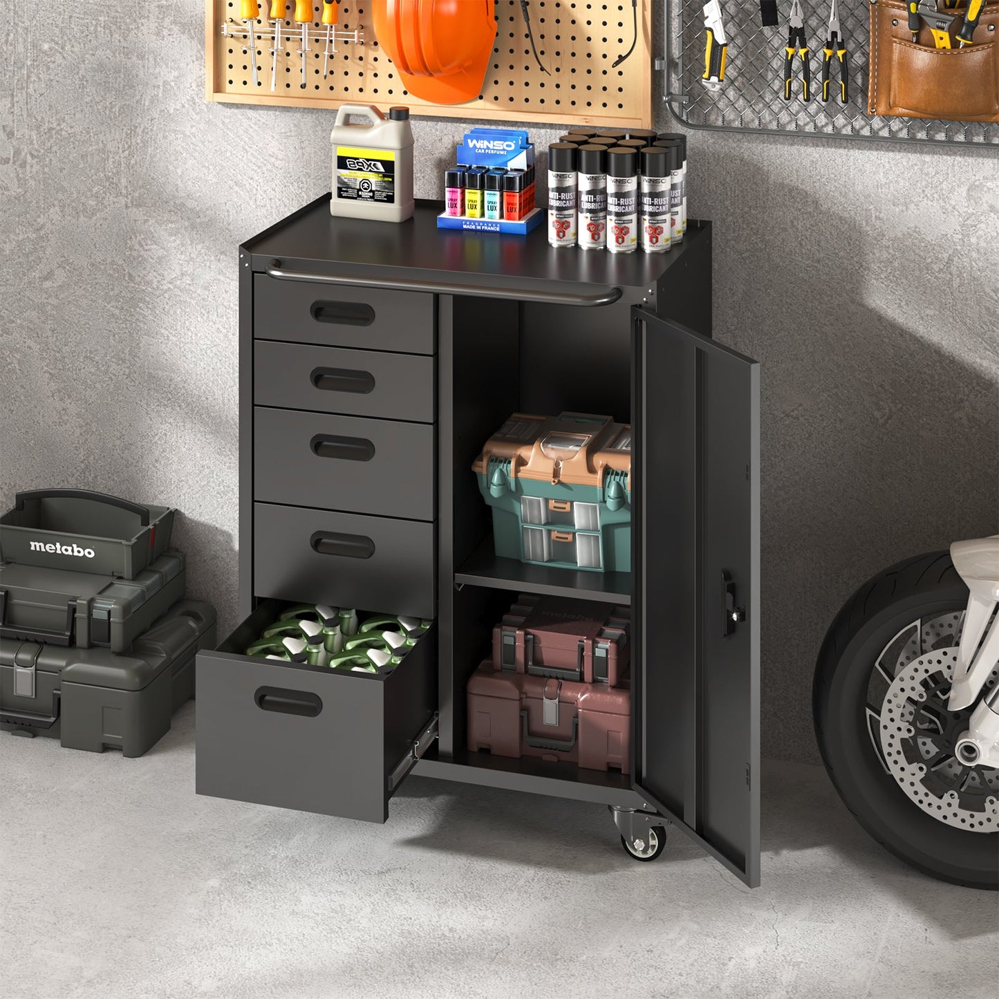Metal Tool Garage Storage Cabinet with 5 Drawers and 1 Door