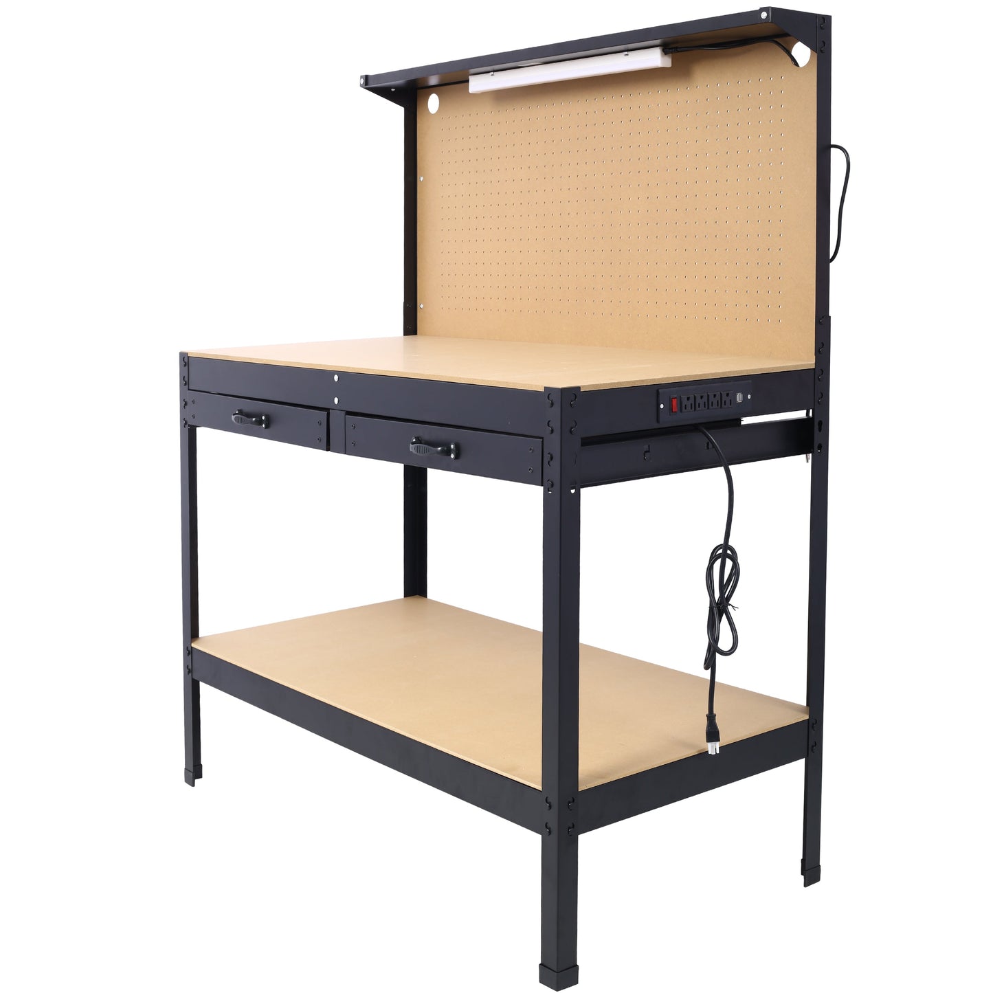 Steel Workbench Tool Storage Work Bench Workshop Tools Table W/Drawer and Peg Board ,4xAC outlets 2xUSB Ports