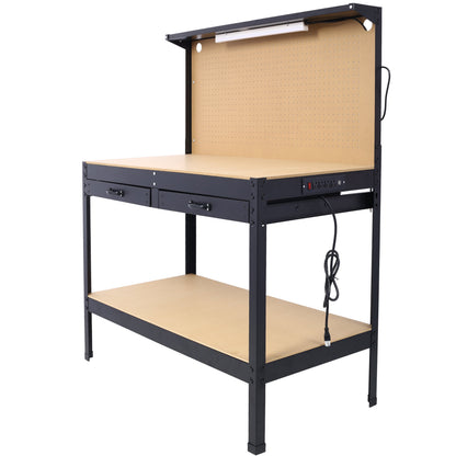 Steel Workbench Tool Storage Work Bench Workshop Tools Table W/Drawer and Peg Board ,4xAC outlets 2xUSB Ports