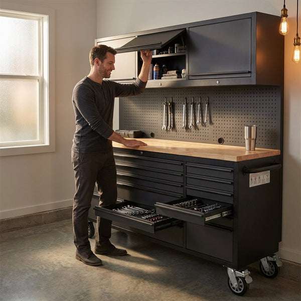 Steel Workbench Built to Organize, Pegboard Tool Storage, Soft-Close Drawers, Integrated Power Module