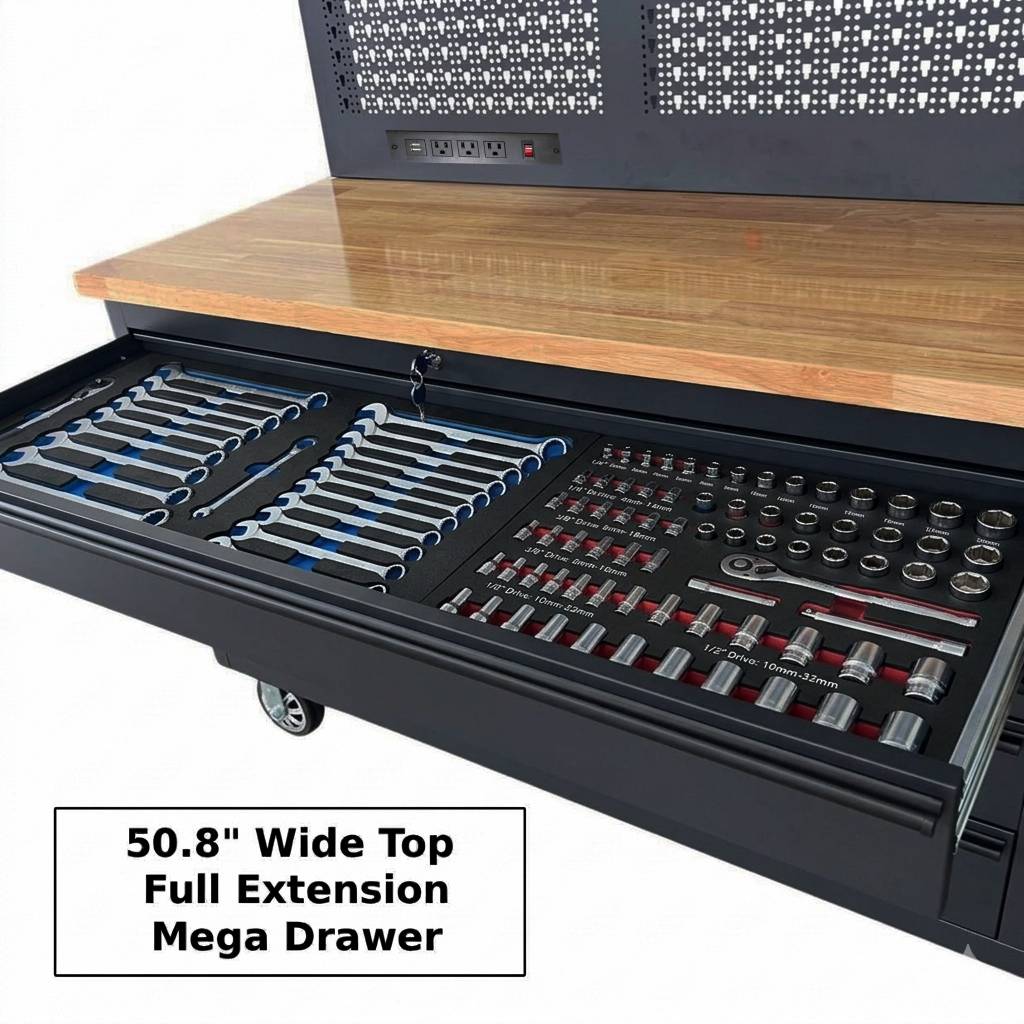 Overhead Pro 72" Rolling Tool Chest | 79" Tall | 25" Deep | 14 Drawers | Overheads | Pegboard & Power Strip