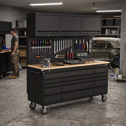 Overhead Pro 72" Rolling Tool Chest | 79" Tall | 25" Deep | 14 Drawers | Overheads | Pegboard & Power Strip