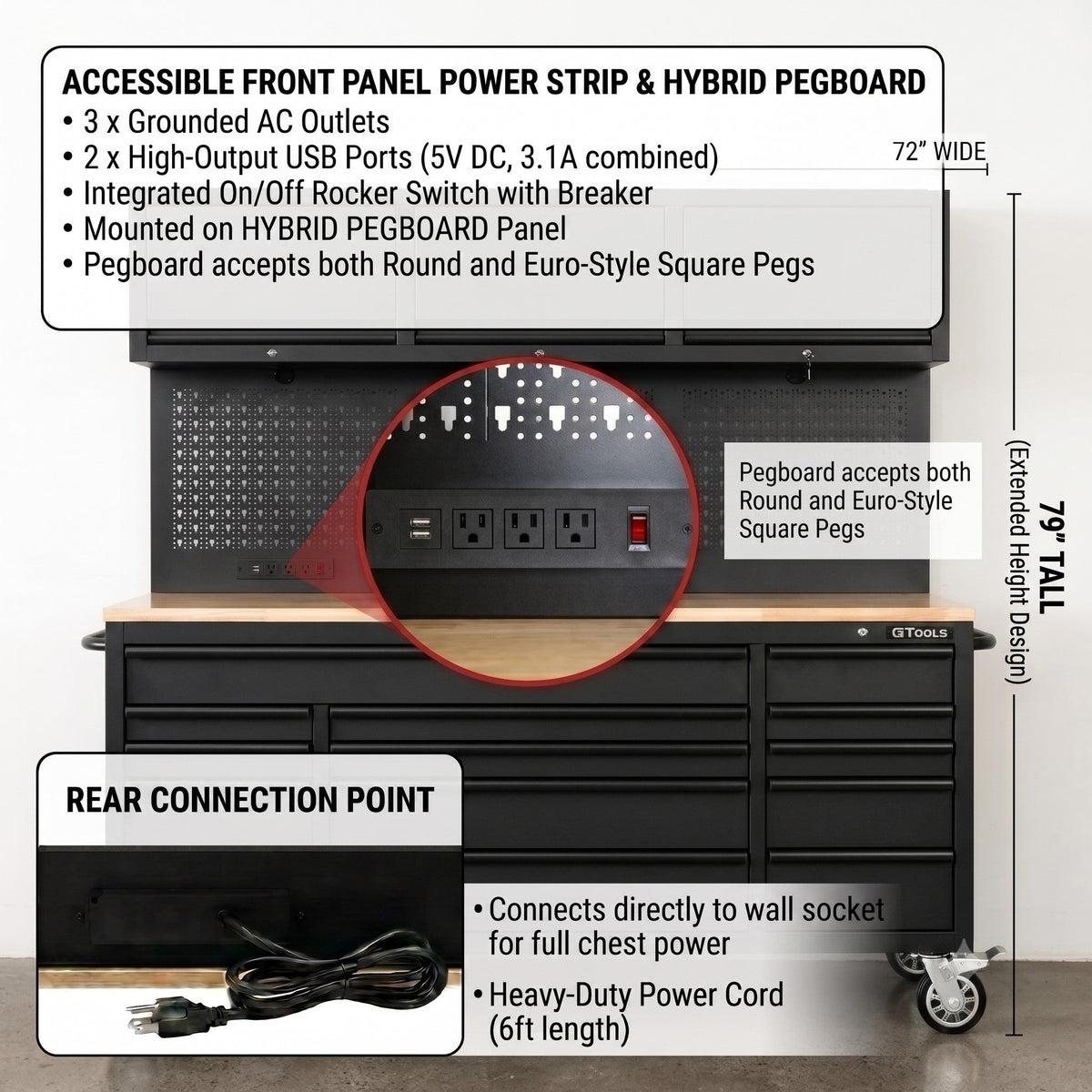 Overhead Pro 72" Rolling Tool Chest | 79" Tall | 25" Deep | 14 Drawers | Overheads | Pegboard & Power Strip