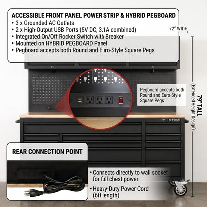 Overhead Pro 72" Rolling Tool Chest | 79" Tall | 25" Deep | 14 Drawers | Overheads | Pegboard & Power Strip