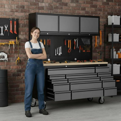 Overhead Pro 72" Rolling Tool Chest | 79" Tall | 25" Deep | 14 Drawers | Overheads | Pegboard & Power Strip