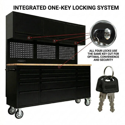 72 inch Rolling Tool Chest with Light & Power Strips, Workbench, Upper Cabinets & Pegboard