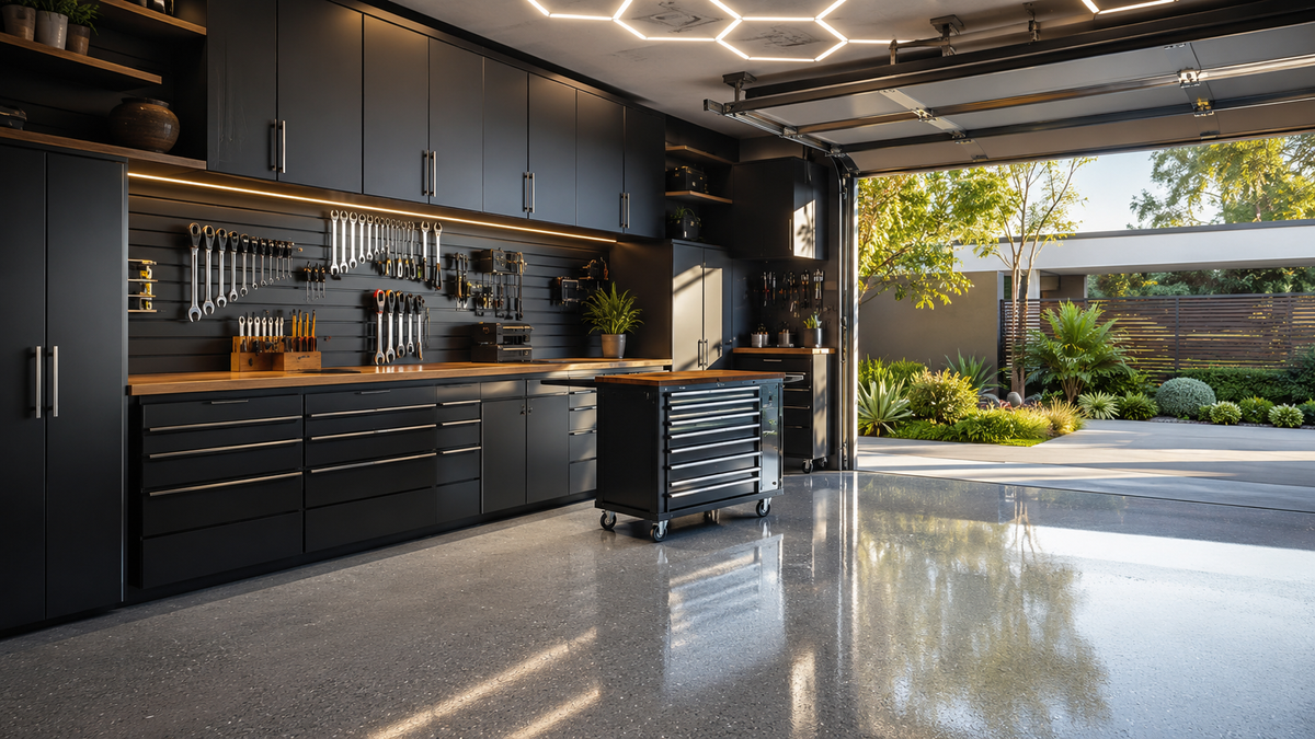 Garage workspace inspiration with organized storage and overhead lighting