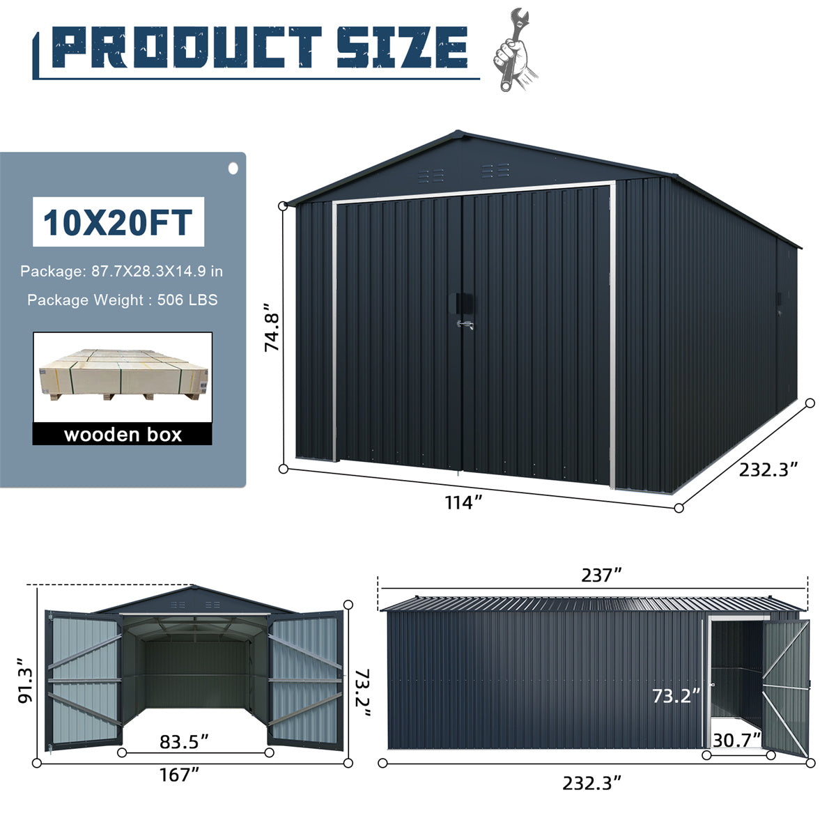 10'x20' Plus Upgraded Metal Shed with Double Front Doors & Side Entry Door