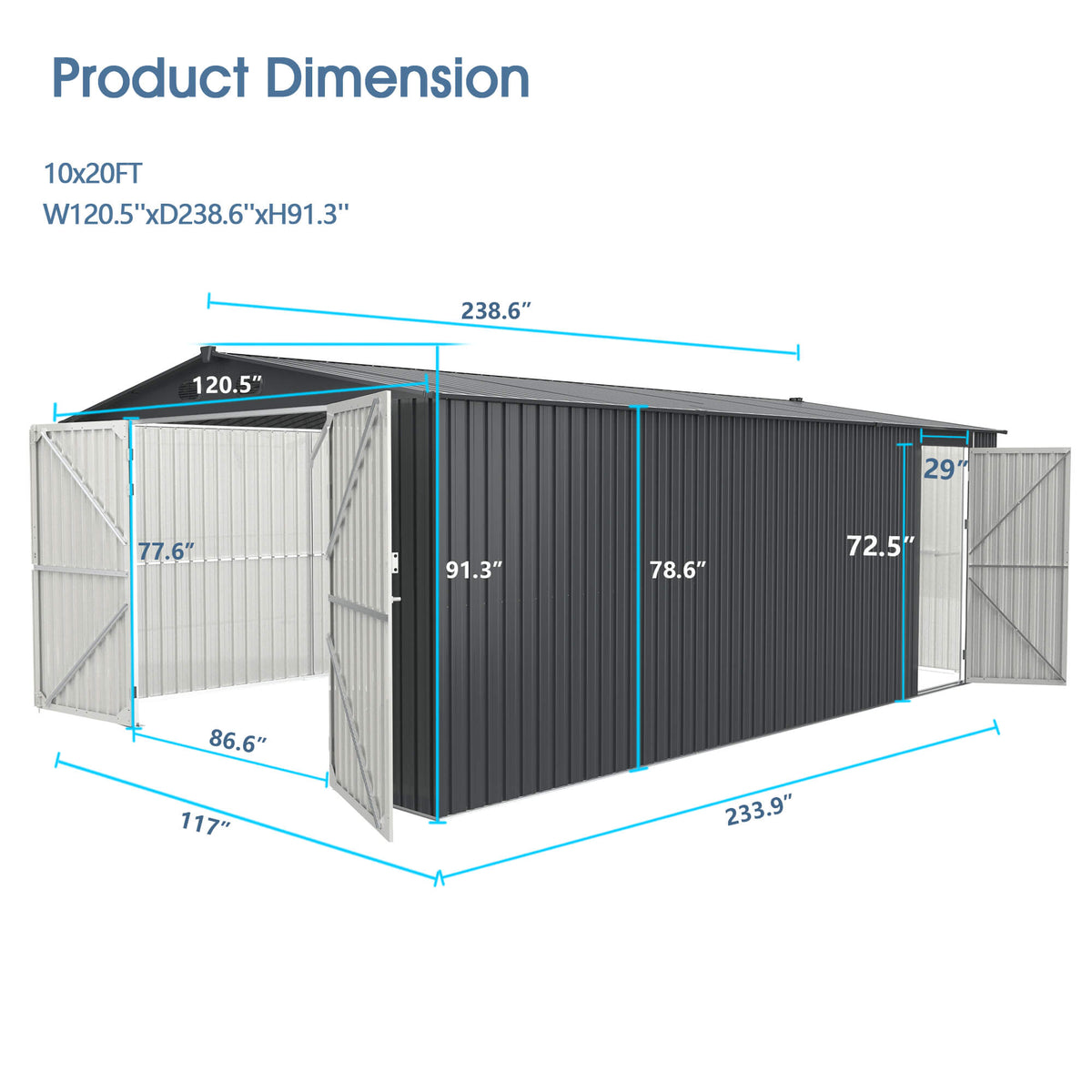 10'x20' Metal Shed with Double Front Doors & Side Entry Door