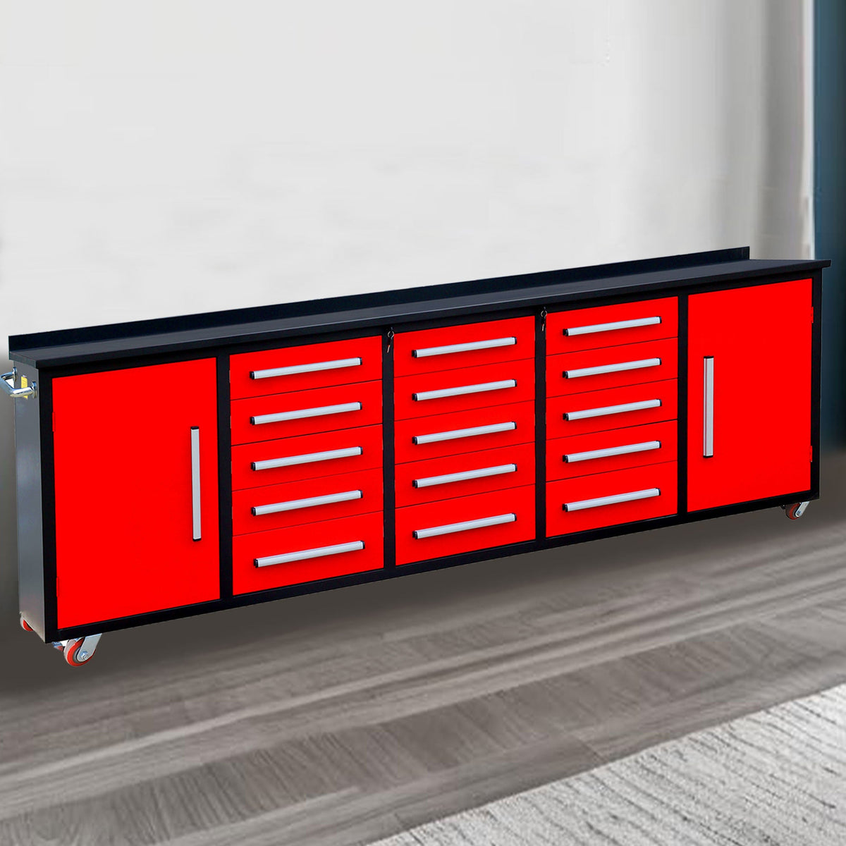 10ft 15-Drawer Storage Workbench with Wheels