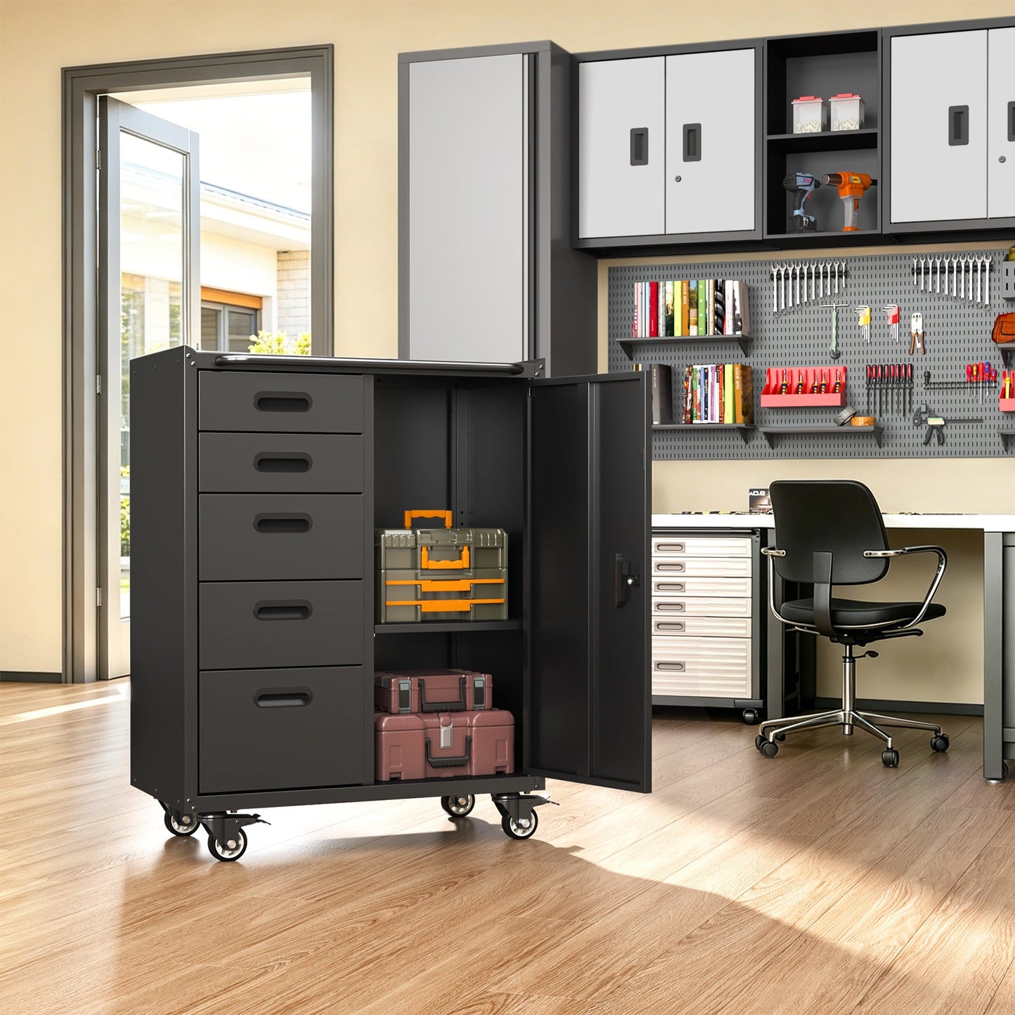 Metal Tool Garage Storage Cabinet with 5 Drawers and 1 Door