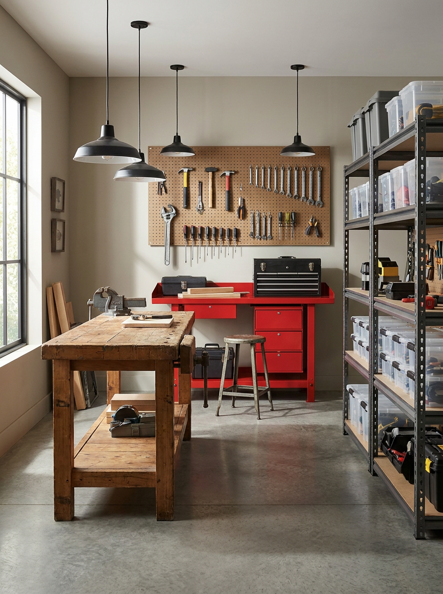 A workshop with a wooden workbench, pegboard tools and organized storage