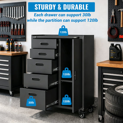 Metal Tool Garage Storage Cabinet with 5 Drawers and 1 Door