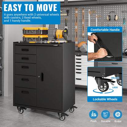 Metal Tool Garage Storage Cabinet with 5 Drawers and 1 Door