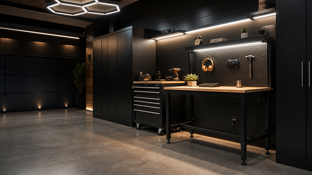 An organized garage workspace with workbenches and tool storage